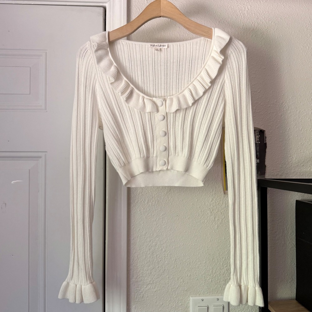 FOR LOVE & LEMONS white pointelle rib ribbed ruffle bell cropped cardigan top
